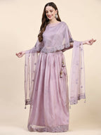 Purple Silk Embroidered Poncho Pattern Top & Lehenga with Dupatta - Tanya | Grocsy
