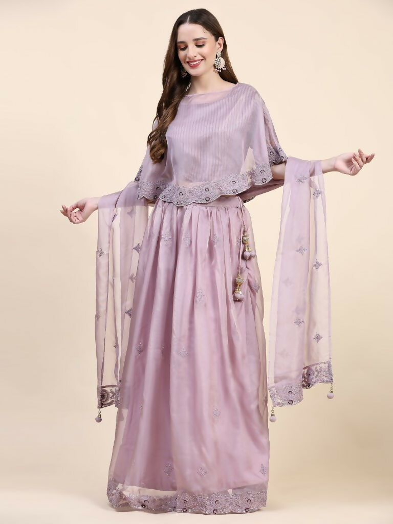 Purple Silk Embroidered Poncho Pattern Top & Lehenga with Dupatta - Tanya | Grocsy