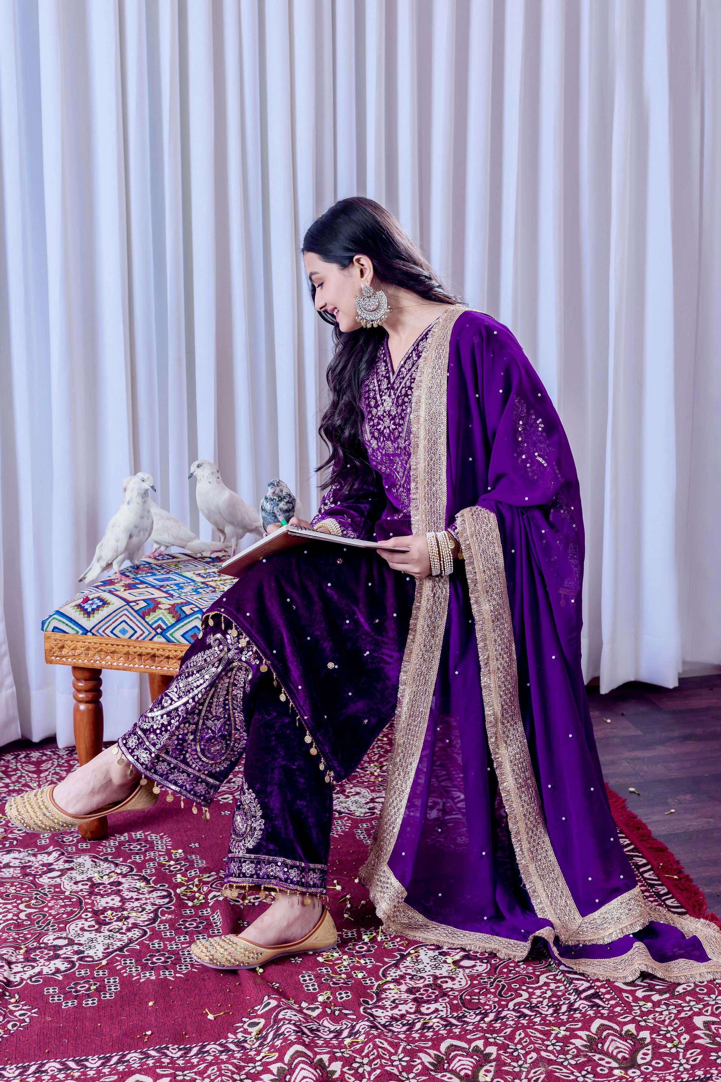 Teeya Creation Purple Color Velvet Silk Embroidery Work Party Wear Suit | Grocsy