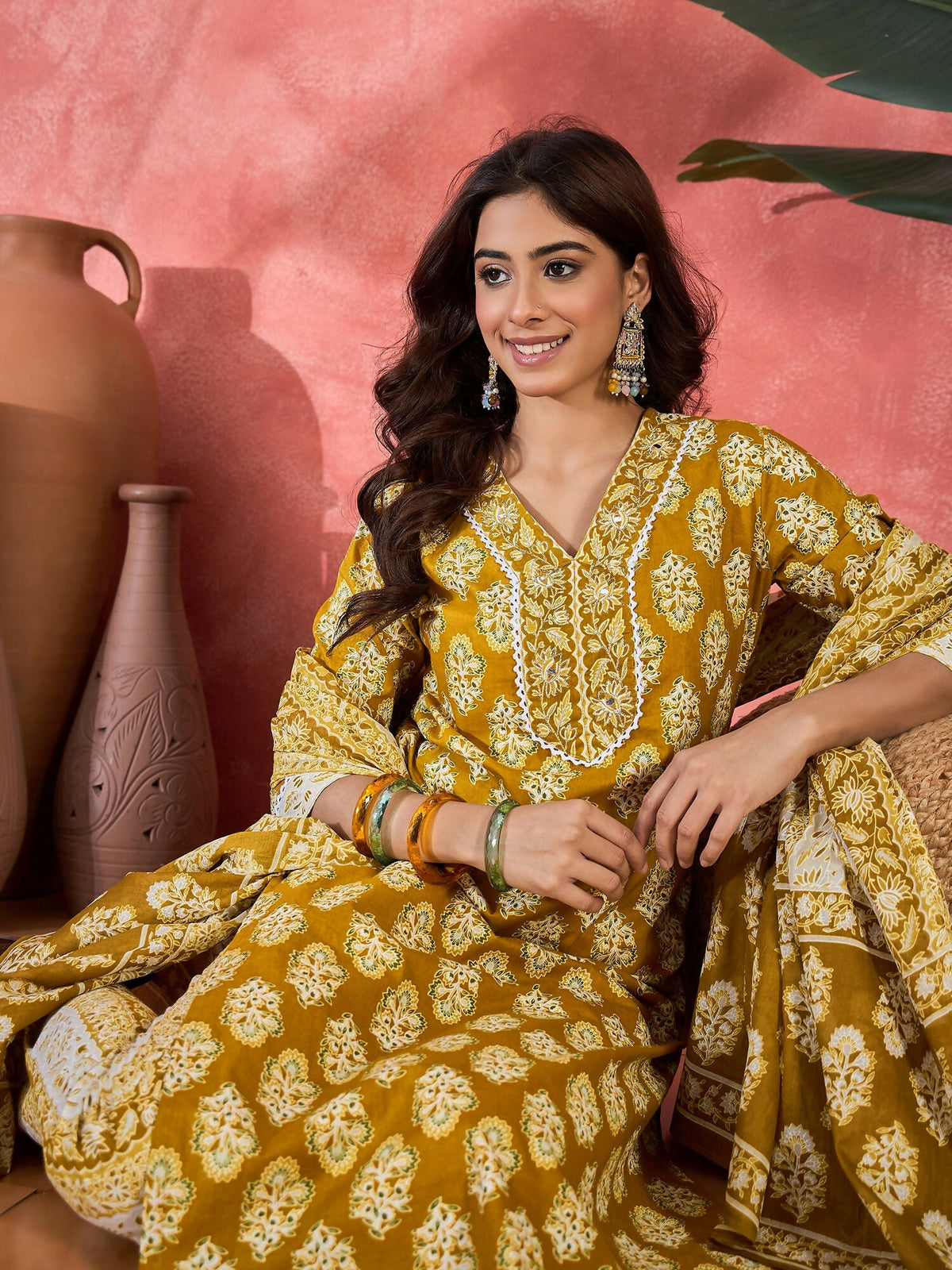 Joban Fashion Printed Mustard Pure Cotton Kurta Set | Grocsy