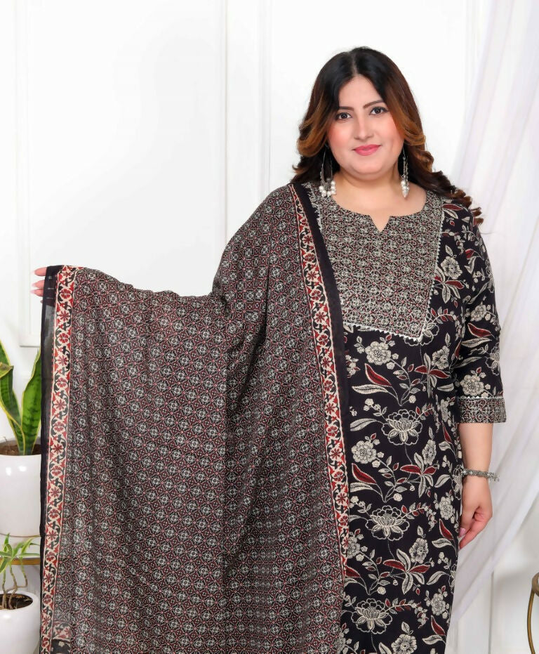 Miravan Women's Plus Size Multi Colour Floral Printed Embroidery Yoke Design Kurta with Palazzo And Dupatta Set | Grocsy