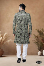 Joban Fashion Men's Green Straight Swed Velvet Thread & Sequence Embroidery All Over Indo-Western Kurta Set | Grocsy
