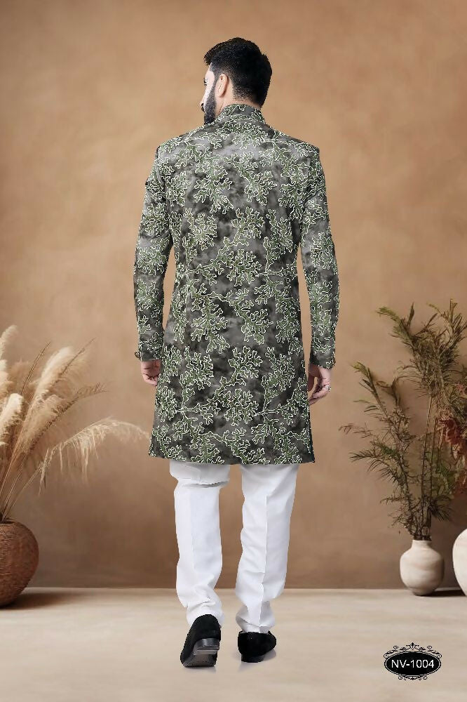 Joban Fashion Men's Green Straight Swed Velvet Thread & Sequence Embroidery All Over Indo-Western Kurta Set | Grocsy