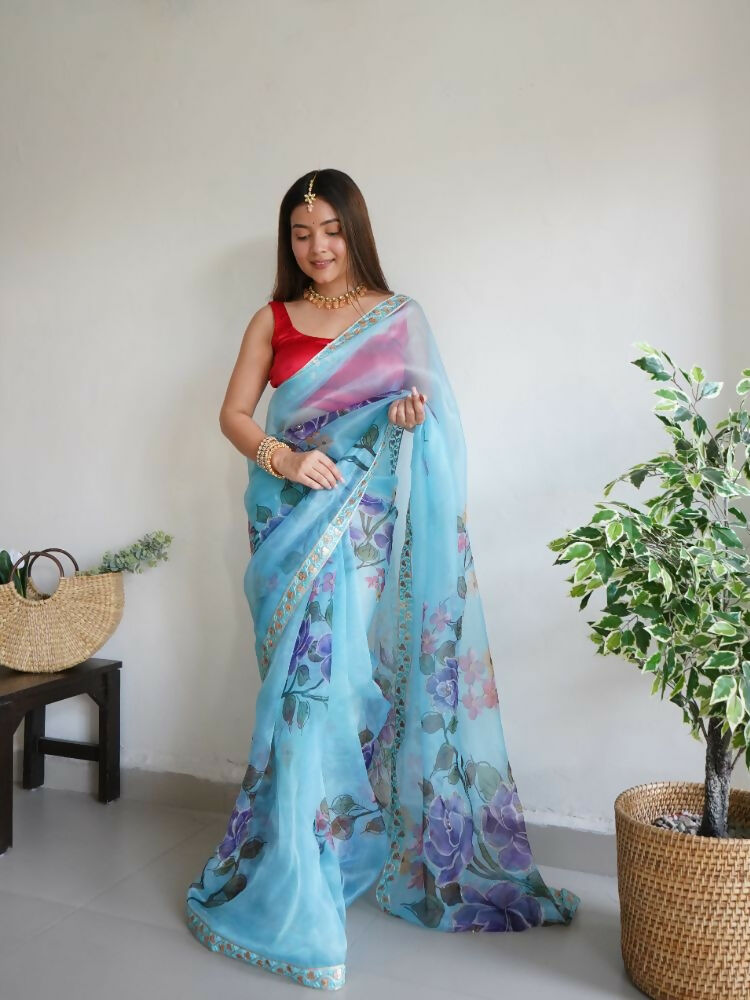 Vamsee Nilam Sky Organza Saree | Grocsy