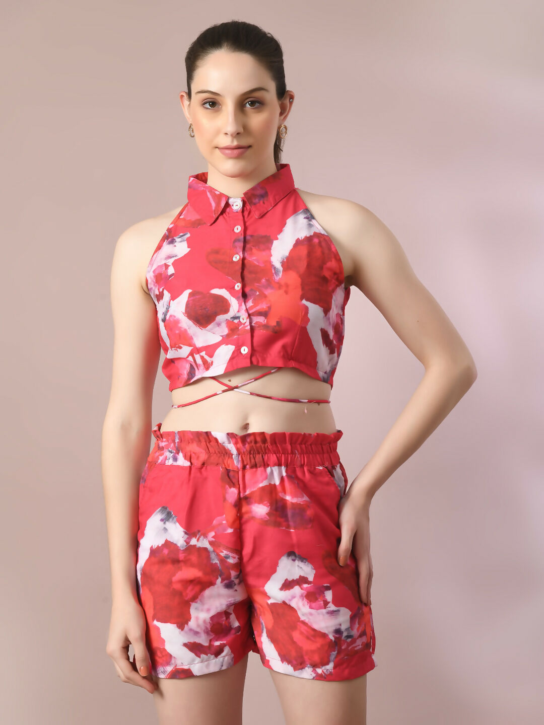 Myshka Women's Multi Printed Shirt Collar Party Top With Shorts Co-ord set | Grocsy