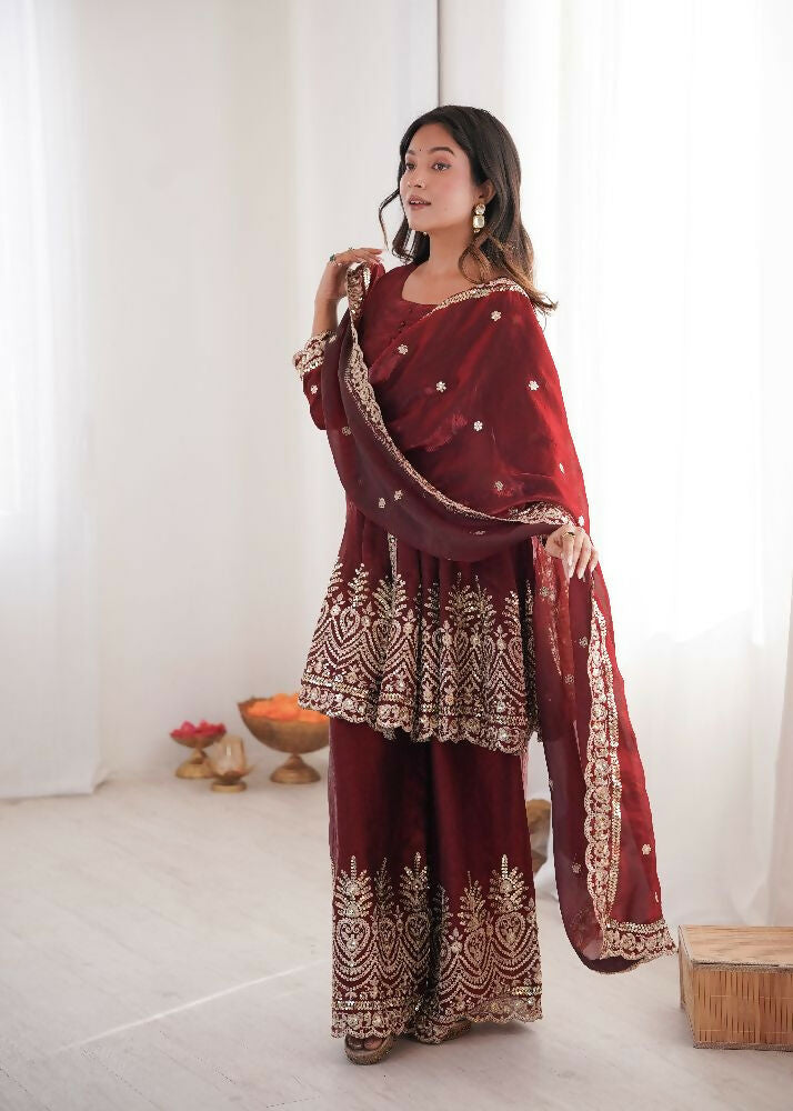 Teeya Creation Maroon Color Fendy Satin Silk Embroidery Work Party Wear Salwar Suit | Grocsy