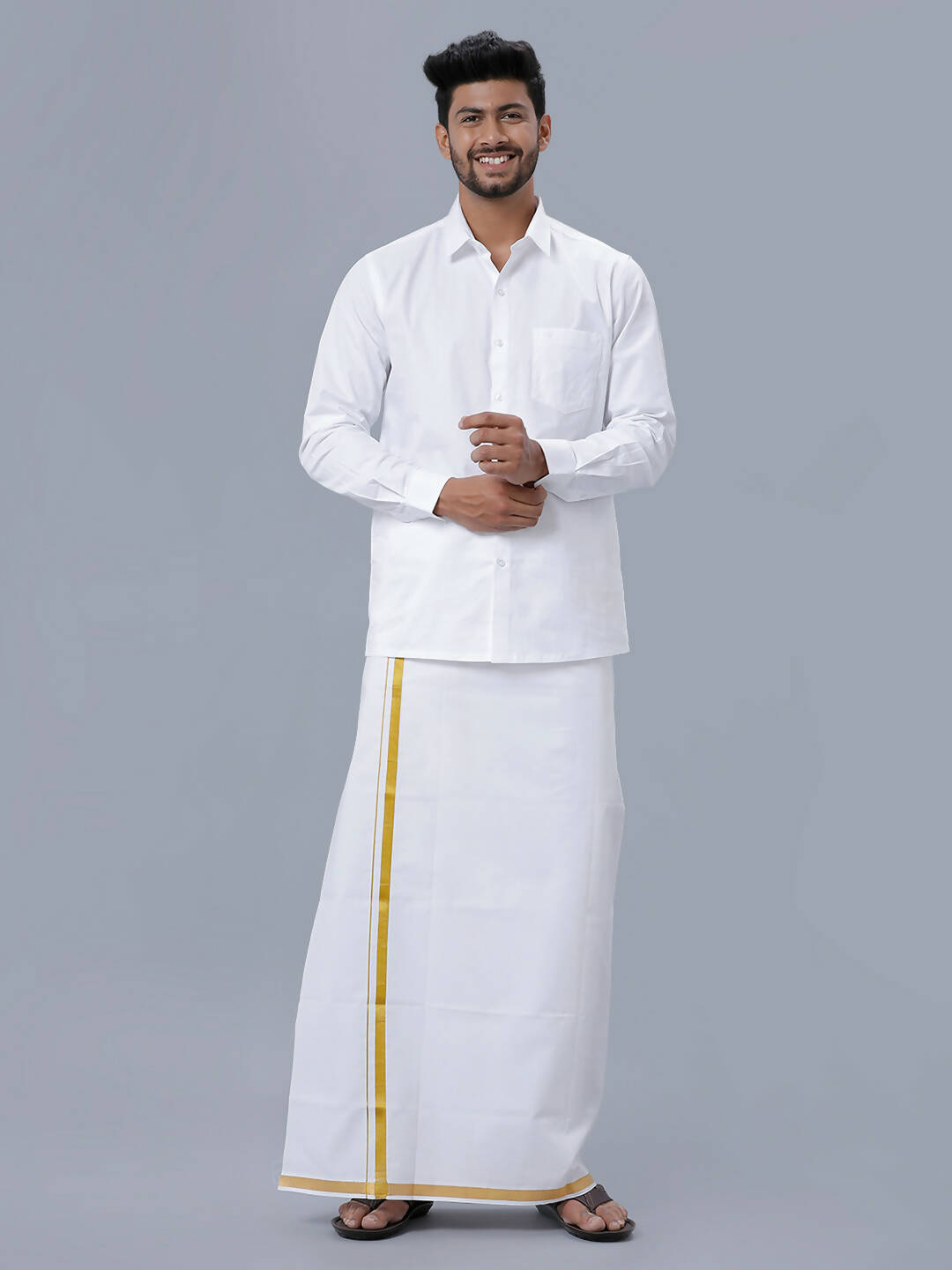 Ramraj Cotton Mens Poly Cotton 3/4 " Gold Jari Dhoti - White | Grocsy