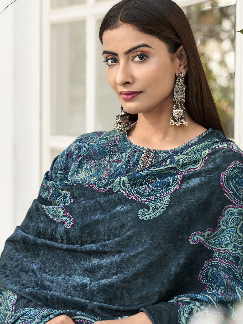 Jyoti Fashion Women's Navy Blue Velvet Digital Print with Resham Thread work Kurta with Trouser & Dupatta | Grocsy