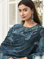Jyoti Fashion Women's Navy Blue Velvet Digital Print with Resham Thread work Kurta with Trouser & Dupatta | Grocsy