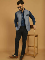 Even Apparels Nehru Jacket With Welt Pockets - Blue | Grocsy