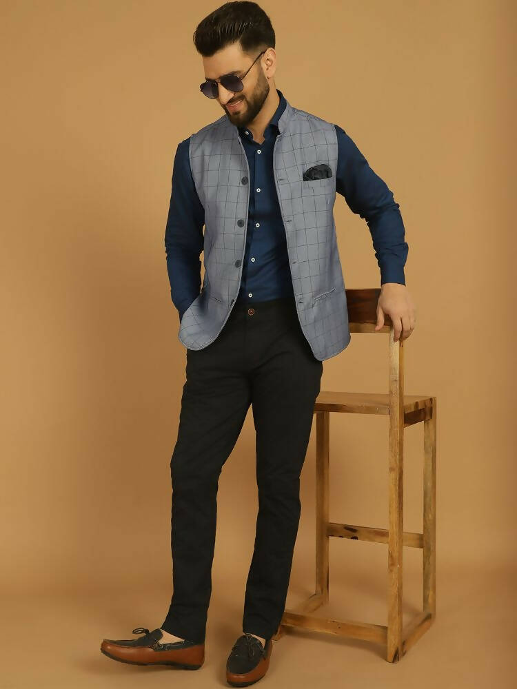 Even Apparels Nehru Jacket With Welt Pockets - Blue | Grocsy