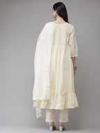 Yufta Women Cream-Embroidered Pure Cotton A-line Kurta with Trouser and Dupatta | Grocsy