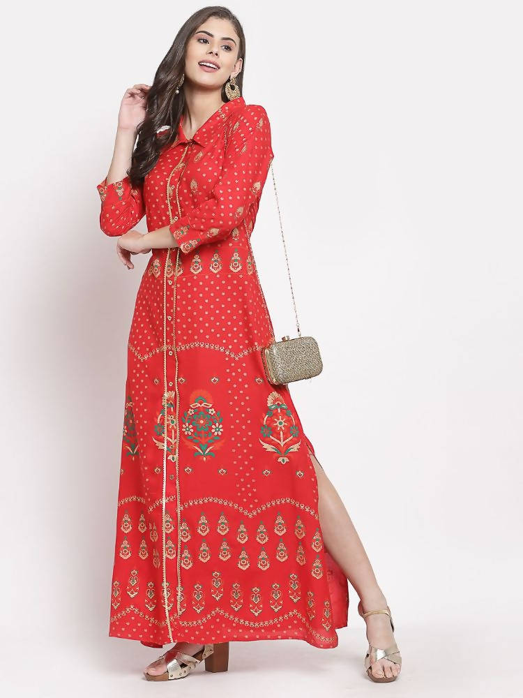 Myshka Women's Red Cotton Printed 3/4 Sleeve Collar Neck Casual Anarkali Kurta | Grocsy