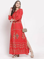 Myshka Women's Red Cotton Printed 3/4 Sleeve Collar Neck Casual Anarkali Kurta | Grocsy