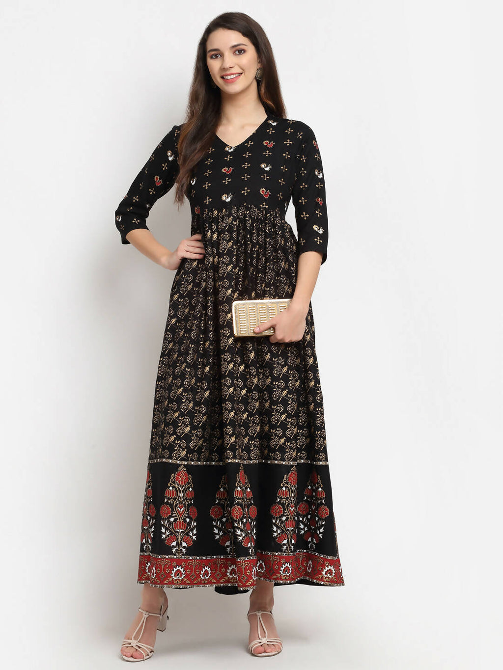 Rudra Bazaar Floral Printed A-Line Flared Black Kurti | Grocsy