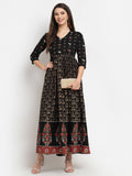 Rudra Bazaar Floral Printed A-Line Flared Black Kurti | Grocsy