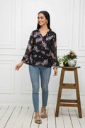 Myshka Women Black Floral V-Neck Regular Sleeves Synthetic Georgette Top | Grocsy