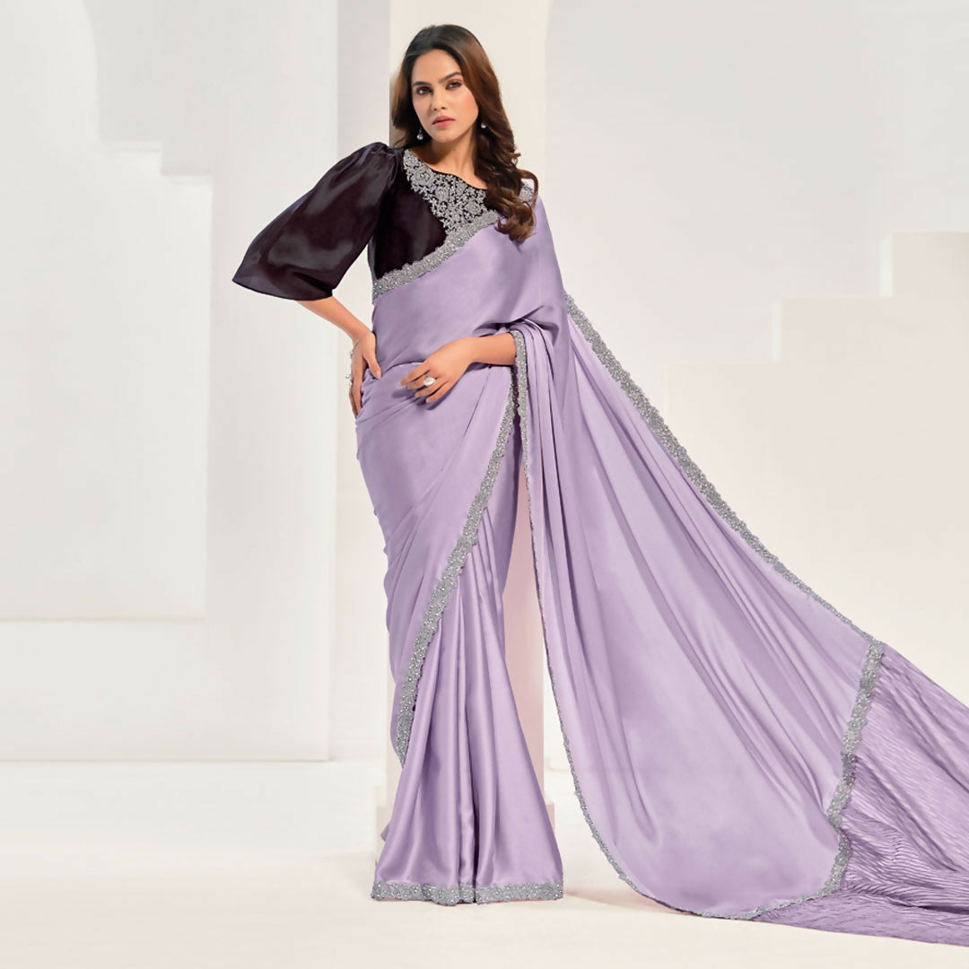 Lavendar Crepe Satin Silk Jardosi Saree With Unstitched Blouse Piece - Norita Saanjh | Grocsy