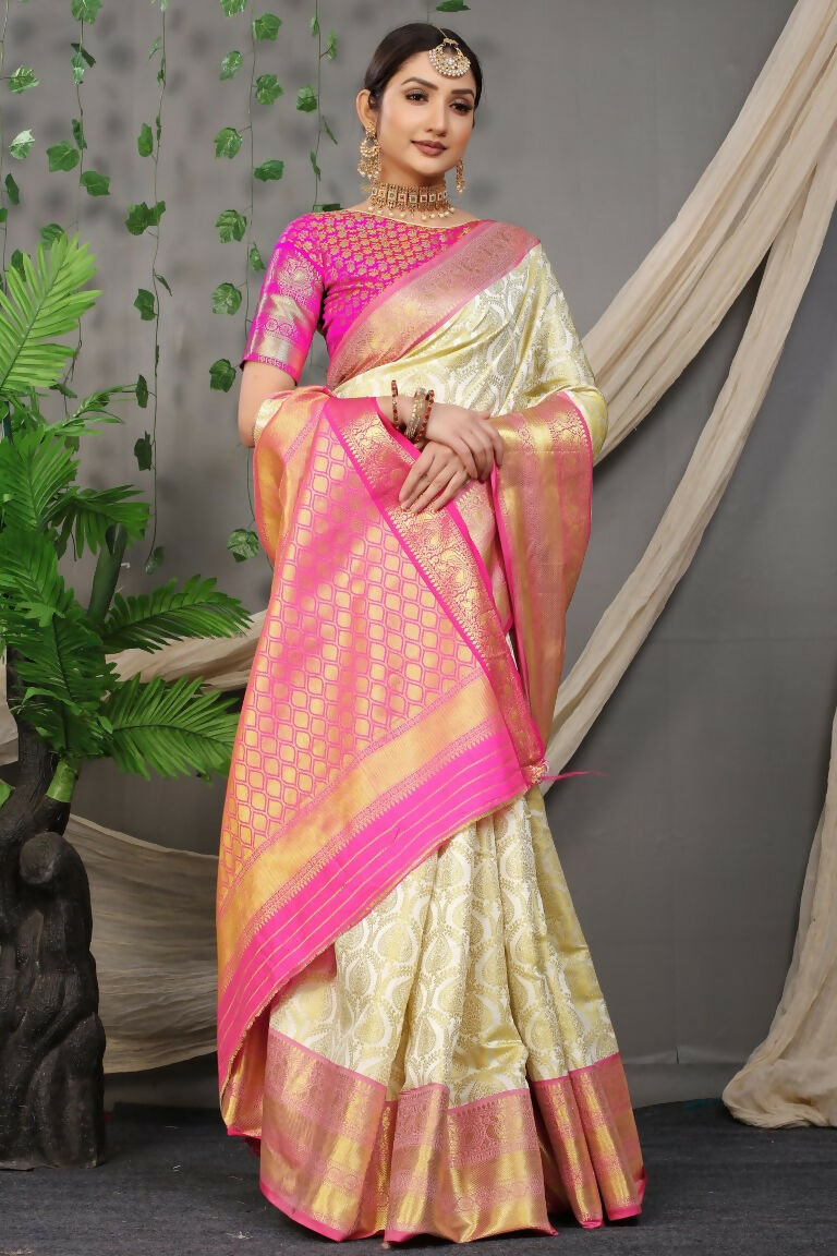 Jyoti Fashion Women's Off White Kanjivaram Silk Zari Woven Saree with Blouse | Grocsy