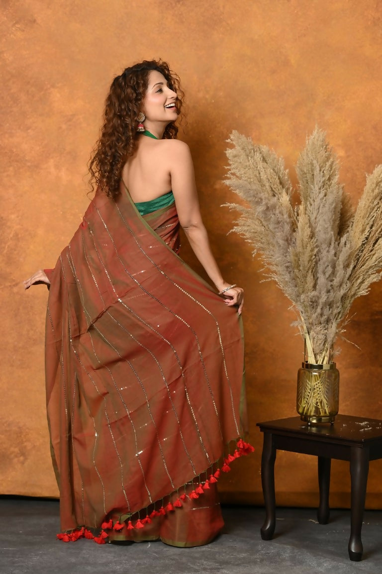 Very Much Indian Designer Mul Cotton Handloom Saree with Sequins - Red | Grocsy