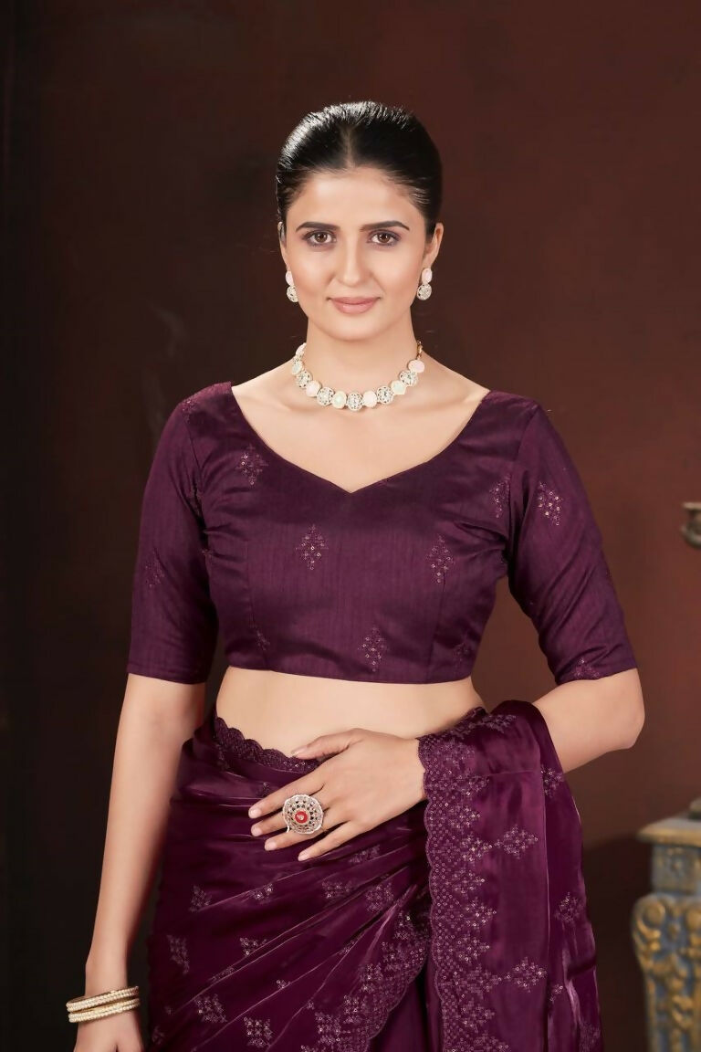 Vastranavya Wine Jimmy Choo Silk 3mm Sequence work with Cross Stitch Embroidery work & Cutwork Border Saree | Grocsy