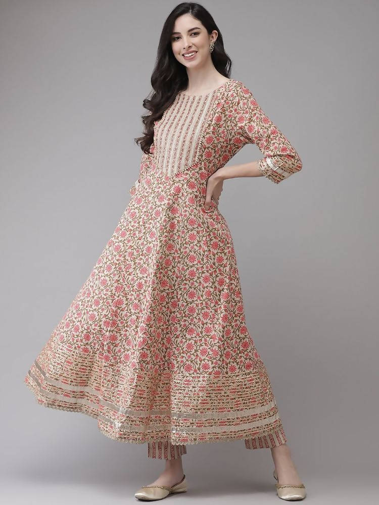 Yufta Women Pink Printed Kurta with Trouser and Dupatta Set | Grocsy
