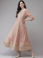 Yufta Women Pink Printed Kurta with Trouser and Dupatta Set | Grocsy