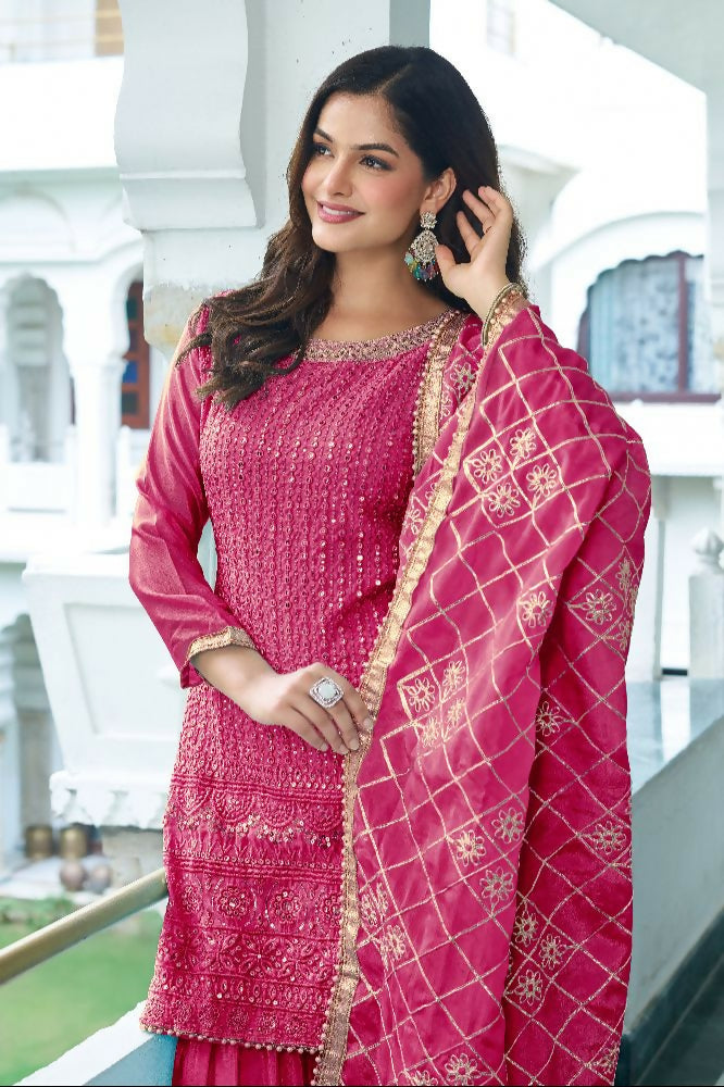 Teeya Creation Pink Colour Chinnon Silk Heavy Embroidery Work Fully Stitched Salwar Suit | Grocsy