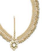 Gold-Polished Green White Kundan-Studded Beaded Matha Patti - Ruby Raang | Grocsy