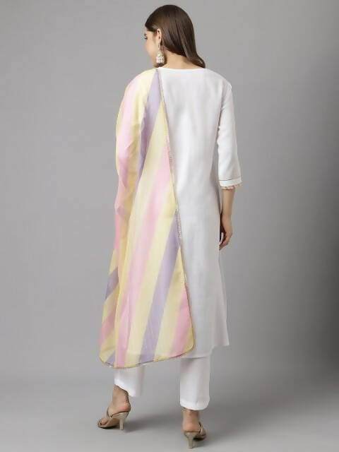 FIORRA Women's White Cotton A-Line Kurta Pant With Dupatta | Grocsy
