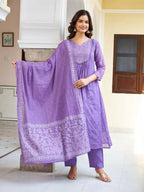 The52 Women's Beautiful Cotton Fabric Embroidery Work Straight Kurta Pant and Dupatta Set | Grocsy