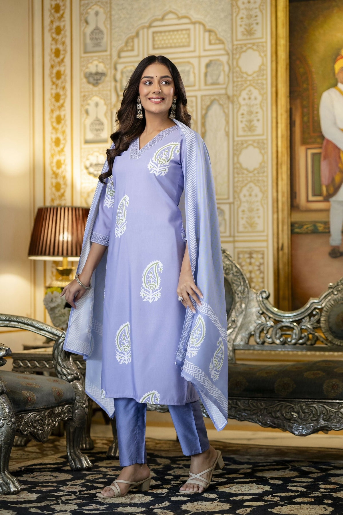 The52 Women's Beautiful Rayon Fabric Printed Work Straight Kurta Pant and Dupatta Set | Grocsy