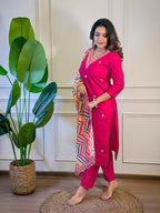 The52 Women's Gorgeous Viscose Embroidery Straight Kurta with Pant And Dupatta Set | Grocsy
