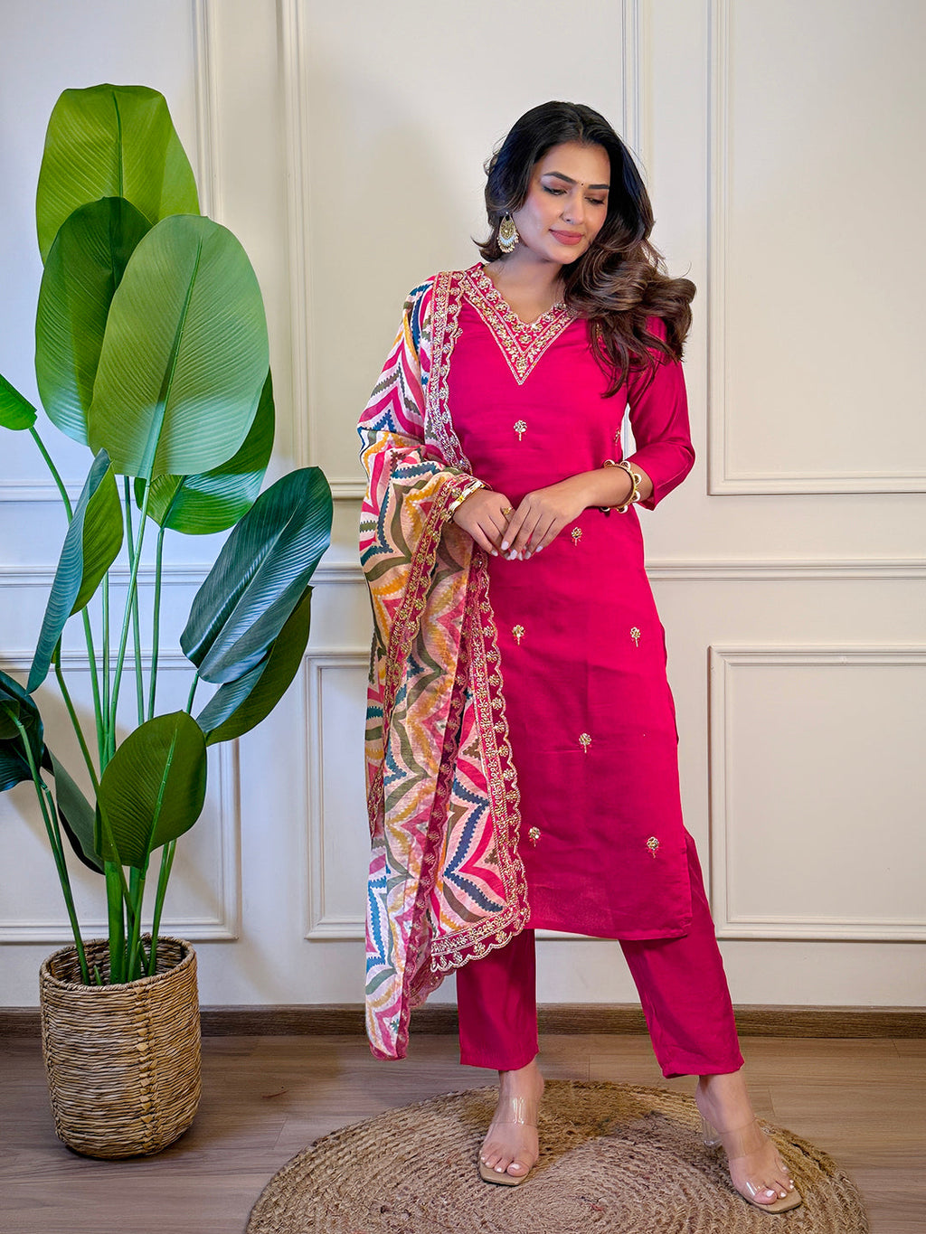 The52 Women's Gorgeous Viscose Embroidery Straight Kurta with Pant And Dupatta Set | Grocsy