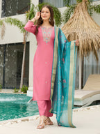 The52 Women Gorgeous Embroidery Work with Viscose Silk Fabric Straight Kurta, Pant and Dupatta Set | Grocsy