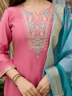 The52 Women Gorgeous Embroidery Work with Viscose Silk Fabric Straight Kurta, Pant and Dupatta Set | Grocsy