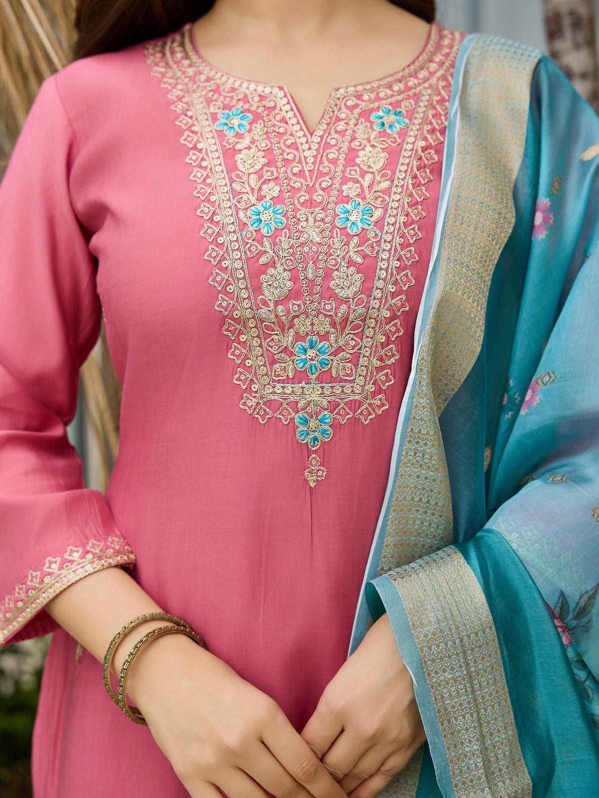 The52 Women Gorgeous Embroidery Work with Viscose Silk Fabric Straight Kurta, Pant and Dupatta Set | Grocsy