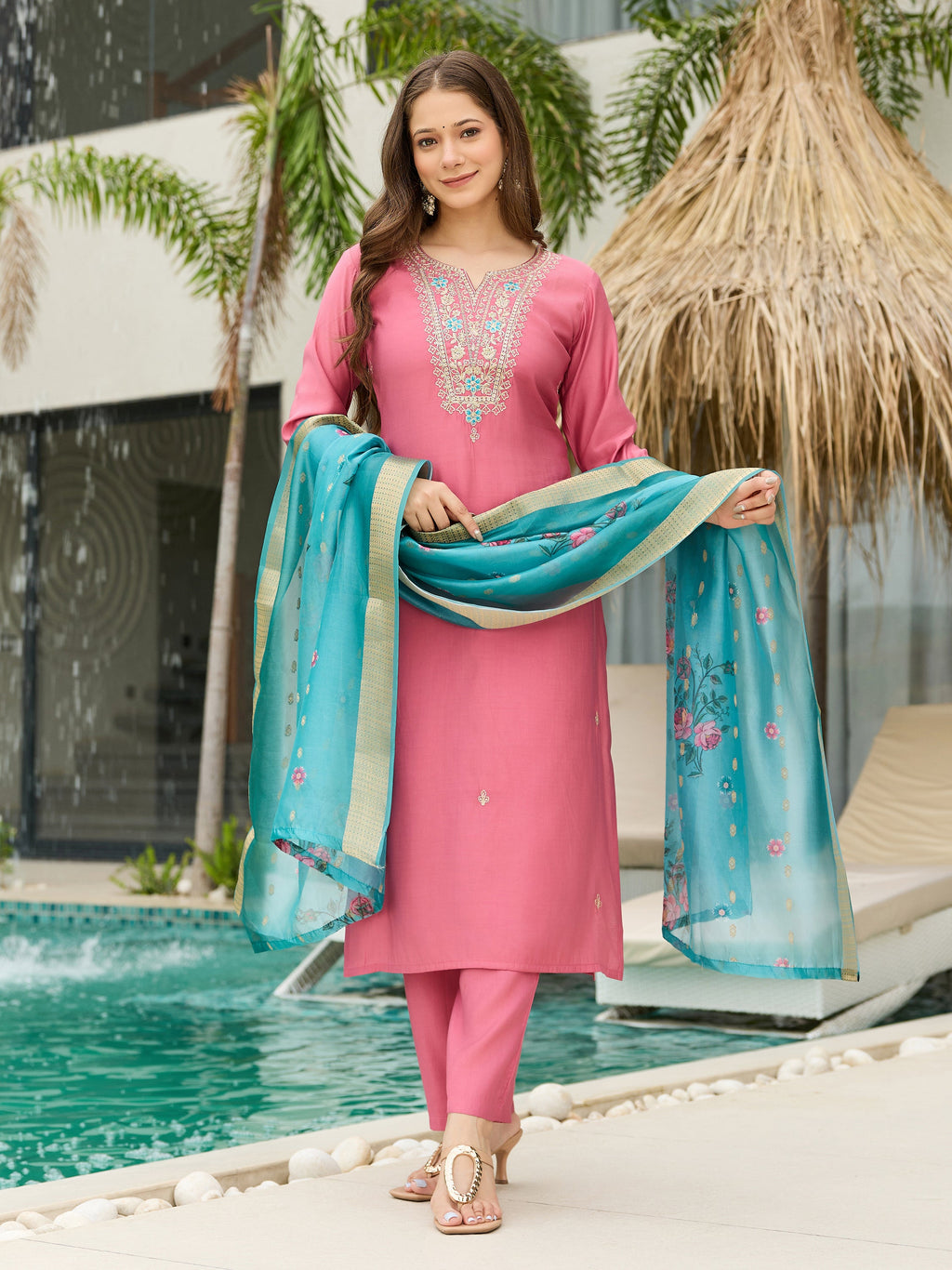 The52 Women Gorgeous Embroidery Work with Viscose Silk Fabric Straight Kurta, Pant and Dupatta Set | Grocsy