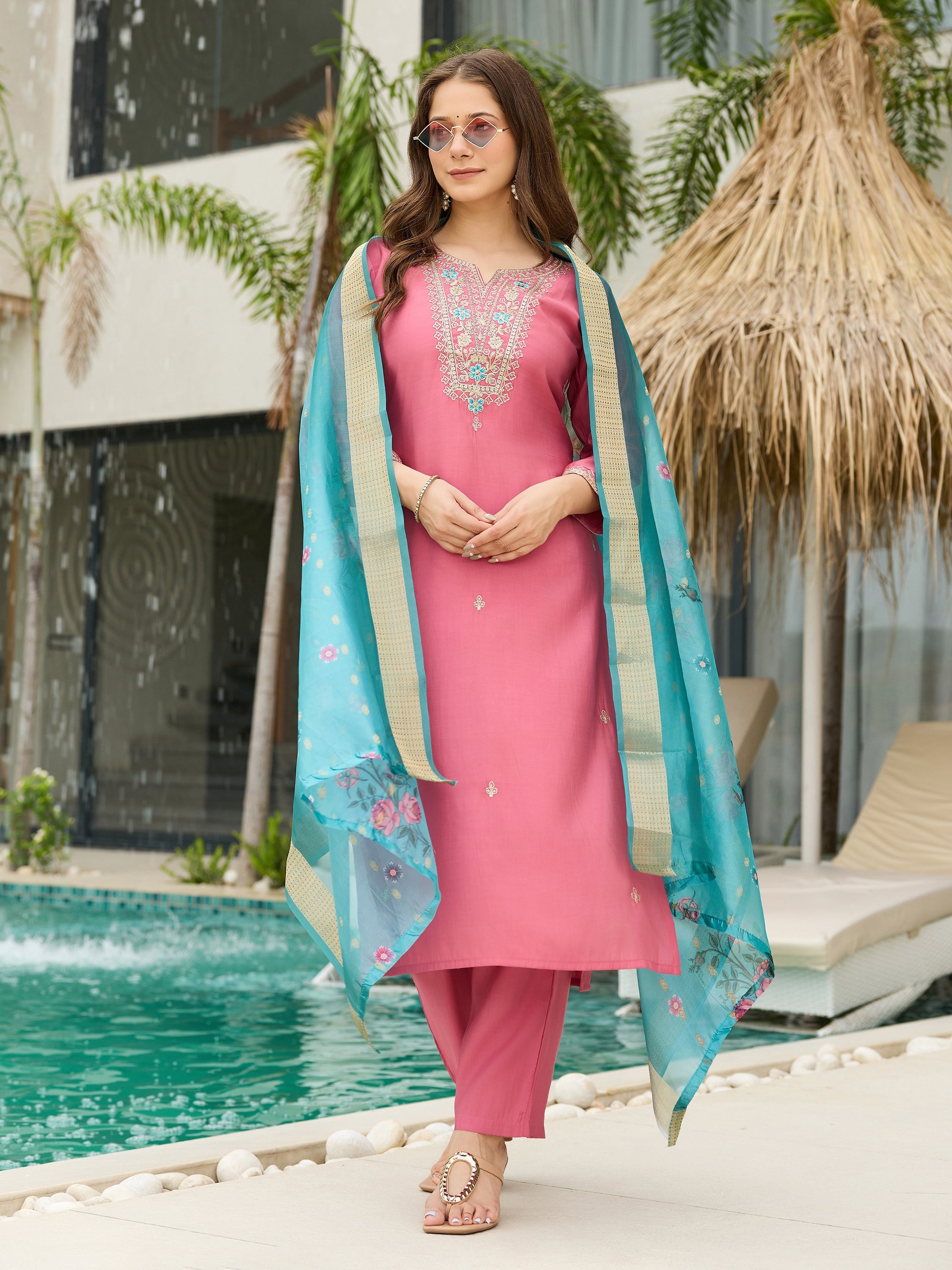The52 Women Gorgeous Embroidery Work with Viscose Silk Fabric Straight Kurta, Pant and Dupatta Set | Grocsy