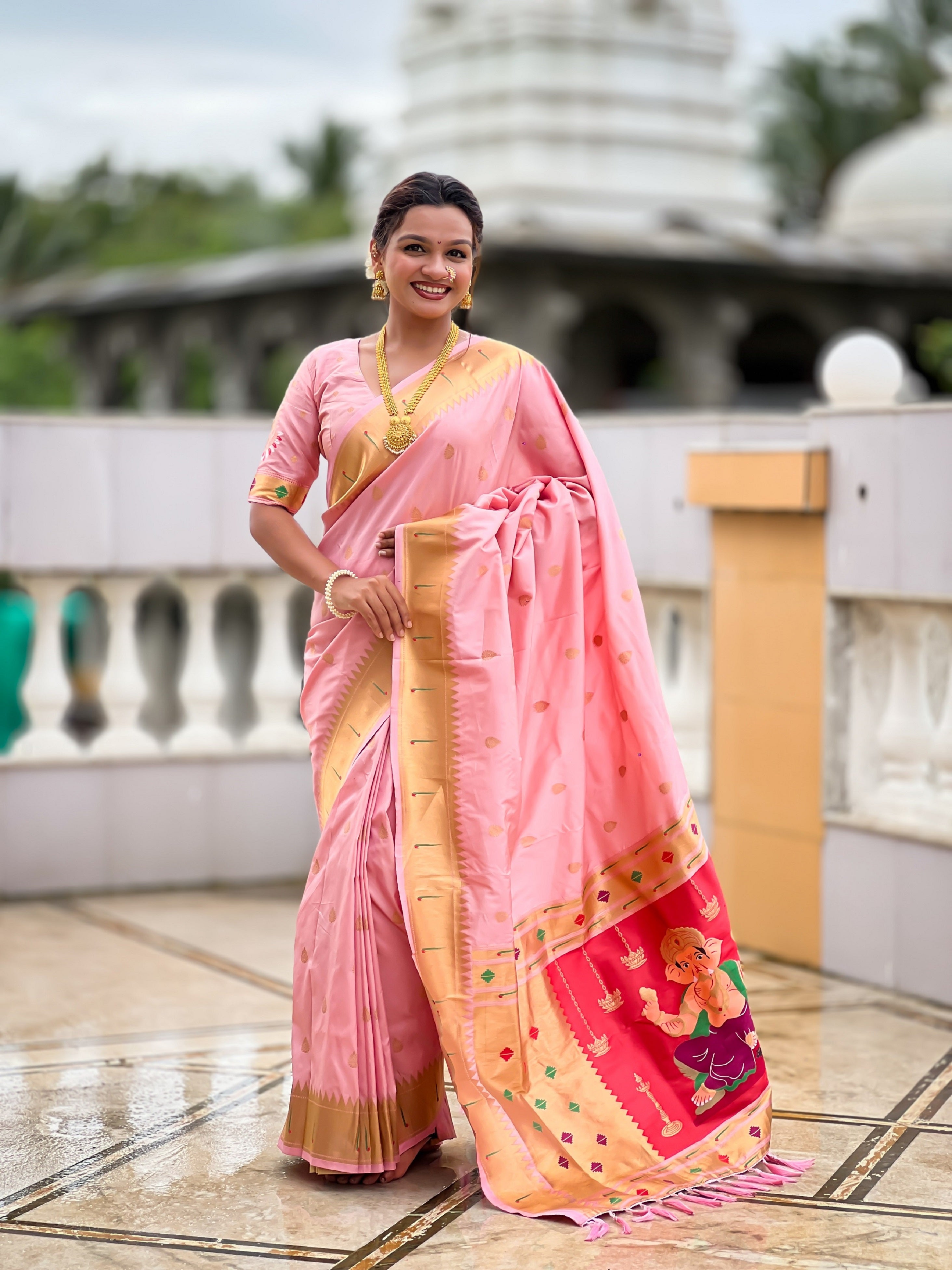 Vedant Vastram Soft Litchi Silk Paithani Jacquard Saree - Baby Pink | Grocsy