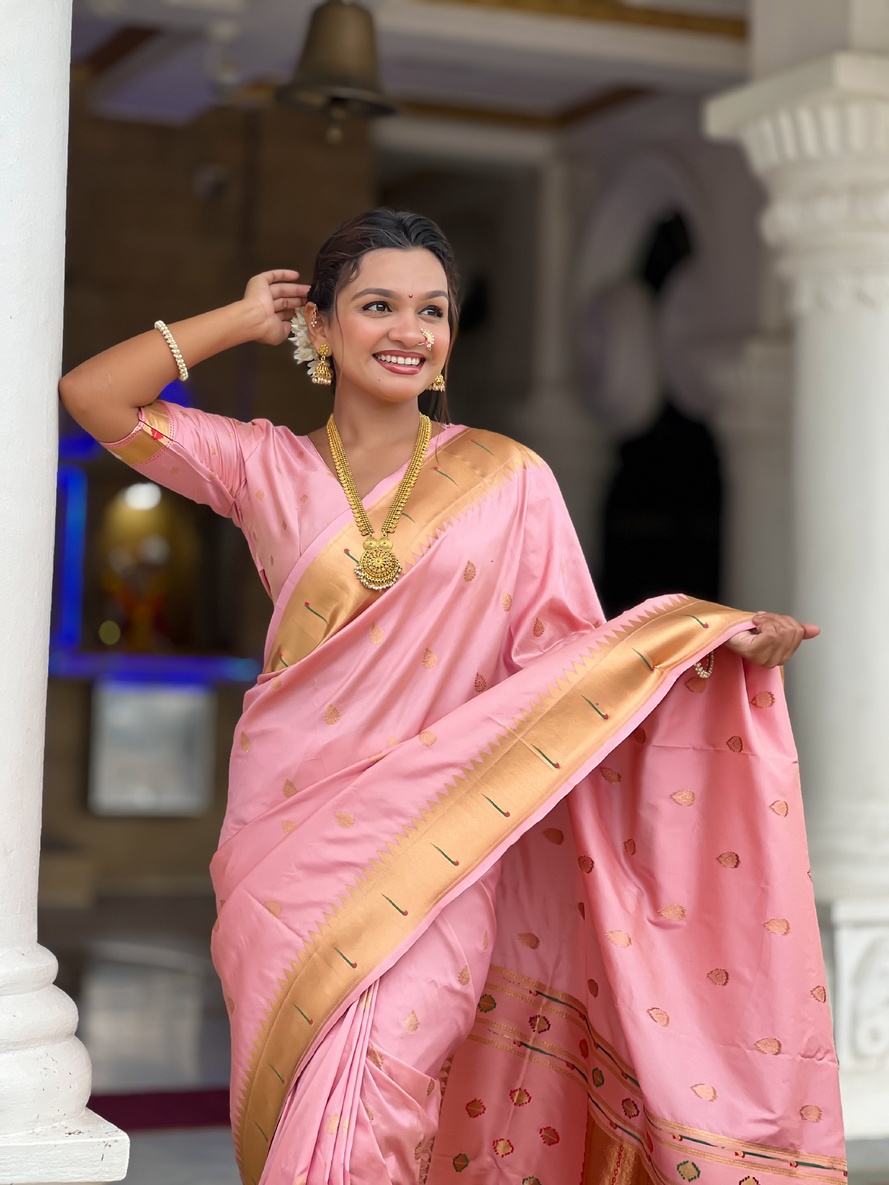 Vedant Vastram Soft Litchi Silk Paithani Jacquard Saree - Baby Pink | Grocsy