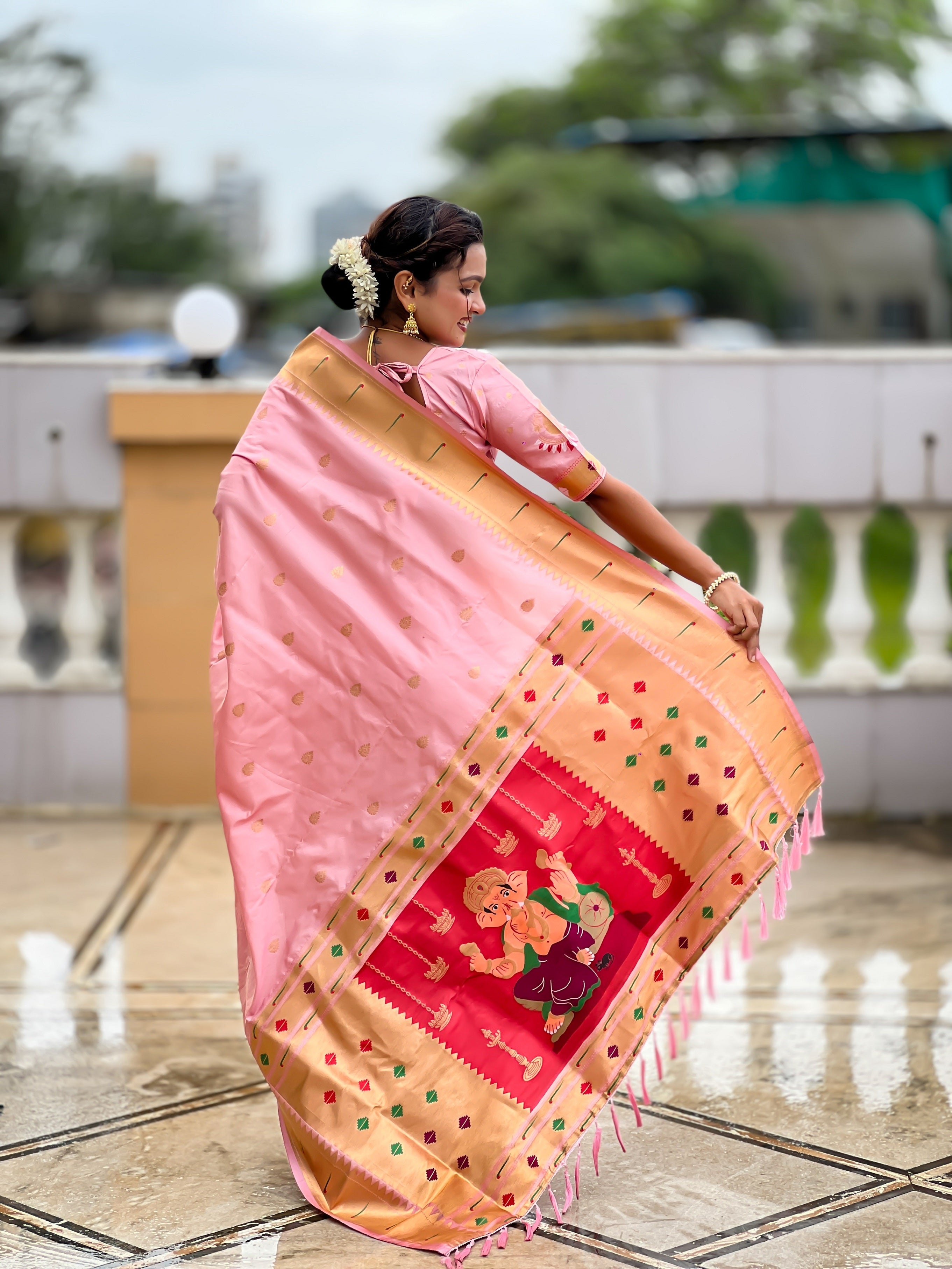 Vedant Vastram Soft Litchi Silk Paithani Jacquard Saree - Baby Pink | Grocsy