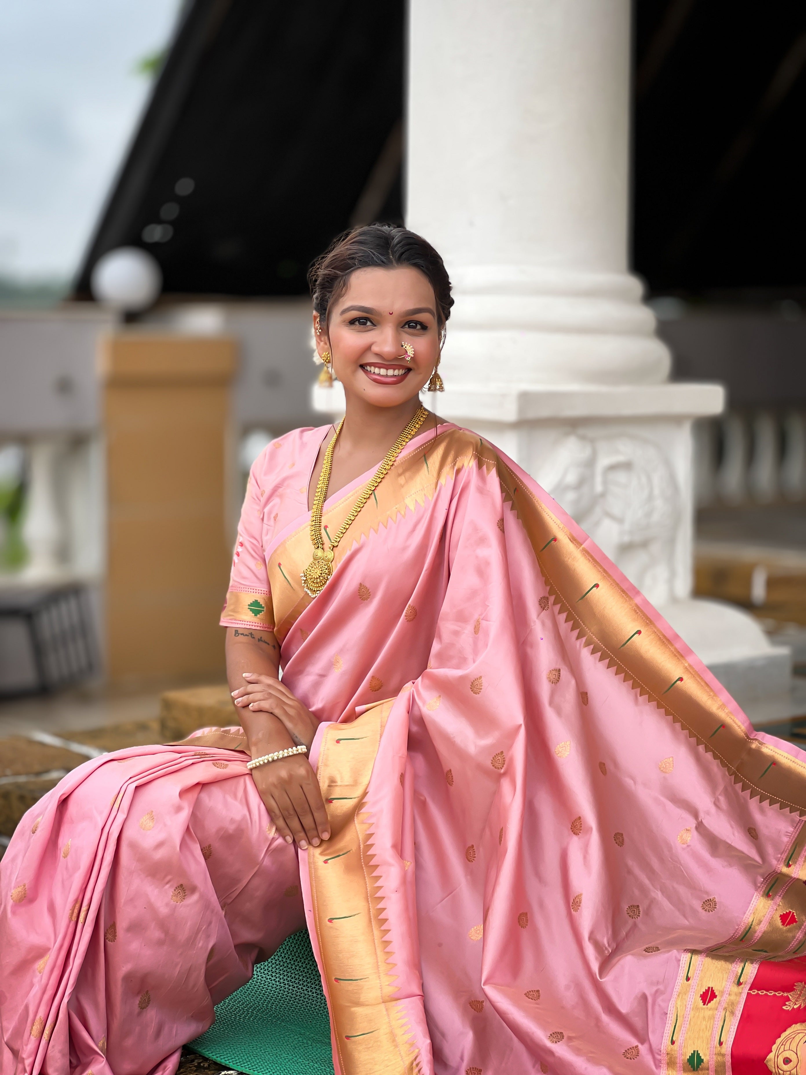 Vedant Vastram Soft Litchi Silk Paithani Jacquard Saree - Baby Pink | Grocsy