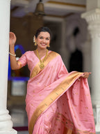 Vedant Vastram Soft Litchi Silk Paithani Jacquard Saree - Baby Pink | Grocsy
