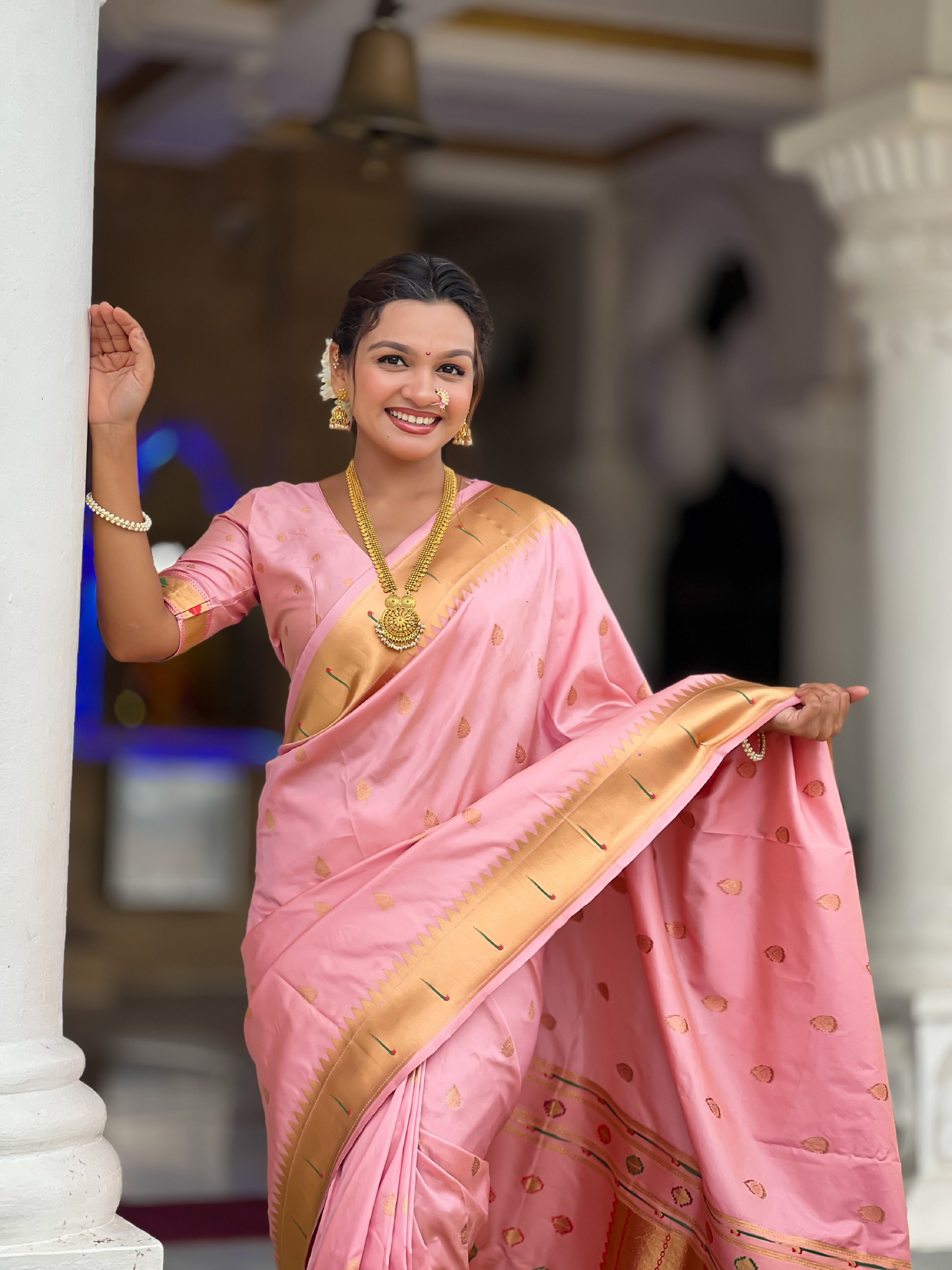Vedant Vastram Soft Litchi Silk Paithani Jacquard Saree - Baby Pink | Grocsy