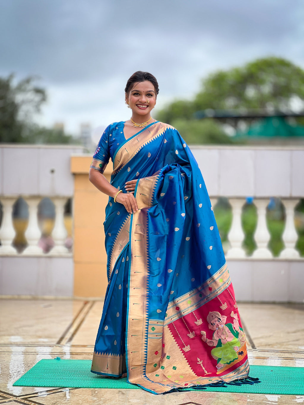 Vedant Vastram Soft Litchi Silk Paithani Jacquard Saree - Firozi | Grocsy