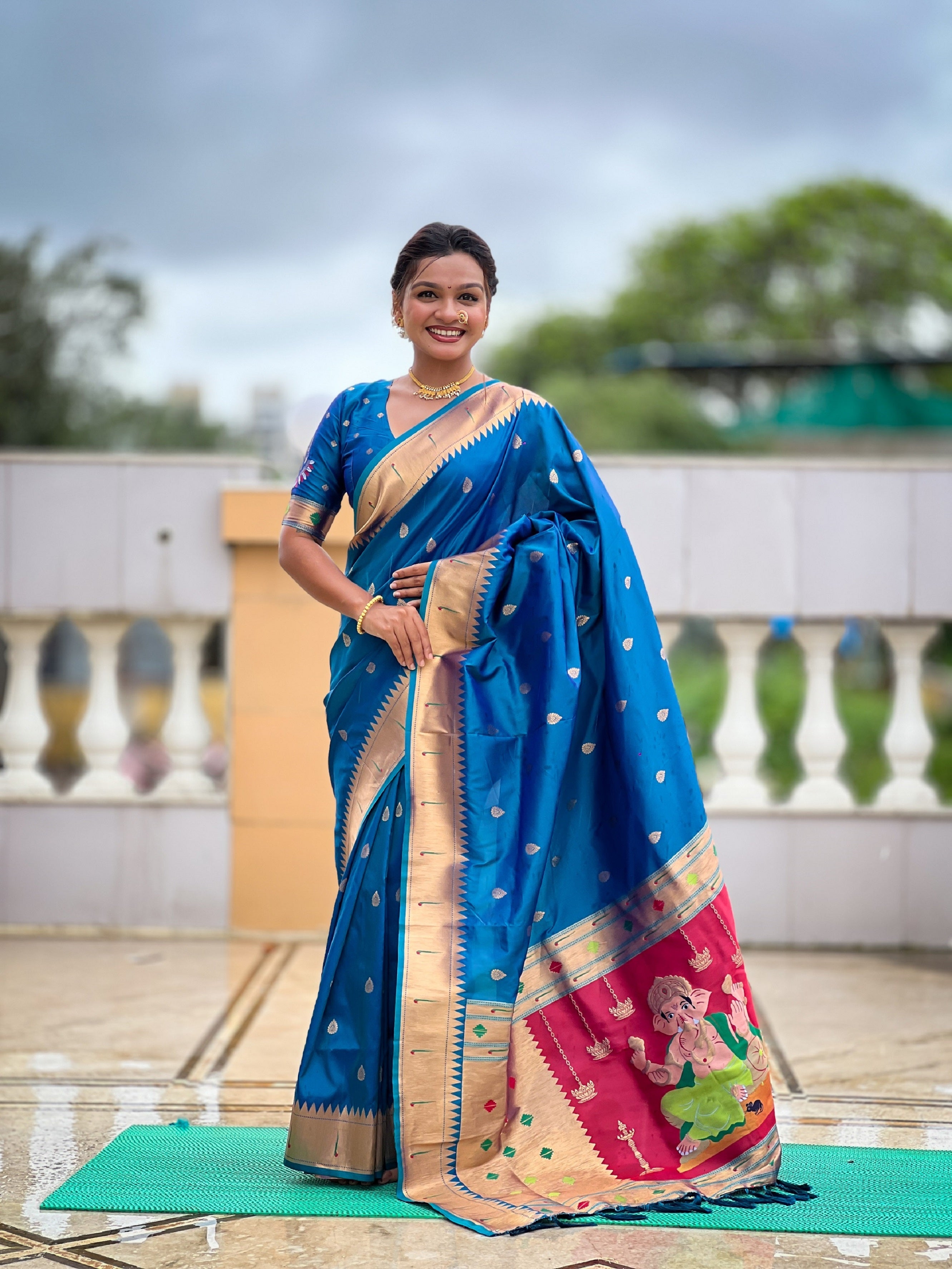Vedant Vastram Soft Litchi Silk Paithani Jacquard Saree - Firozi | Grocsy
