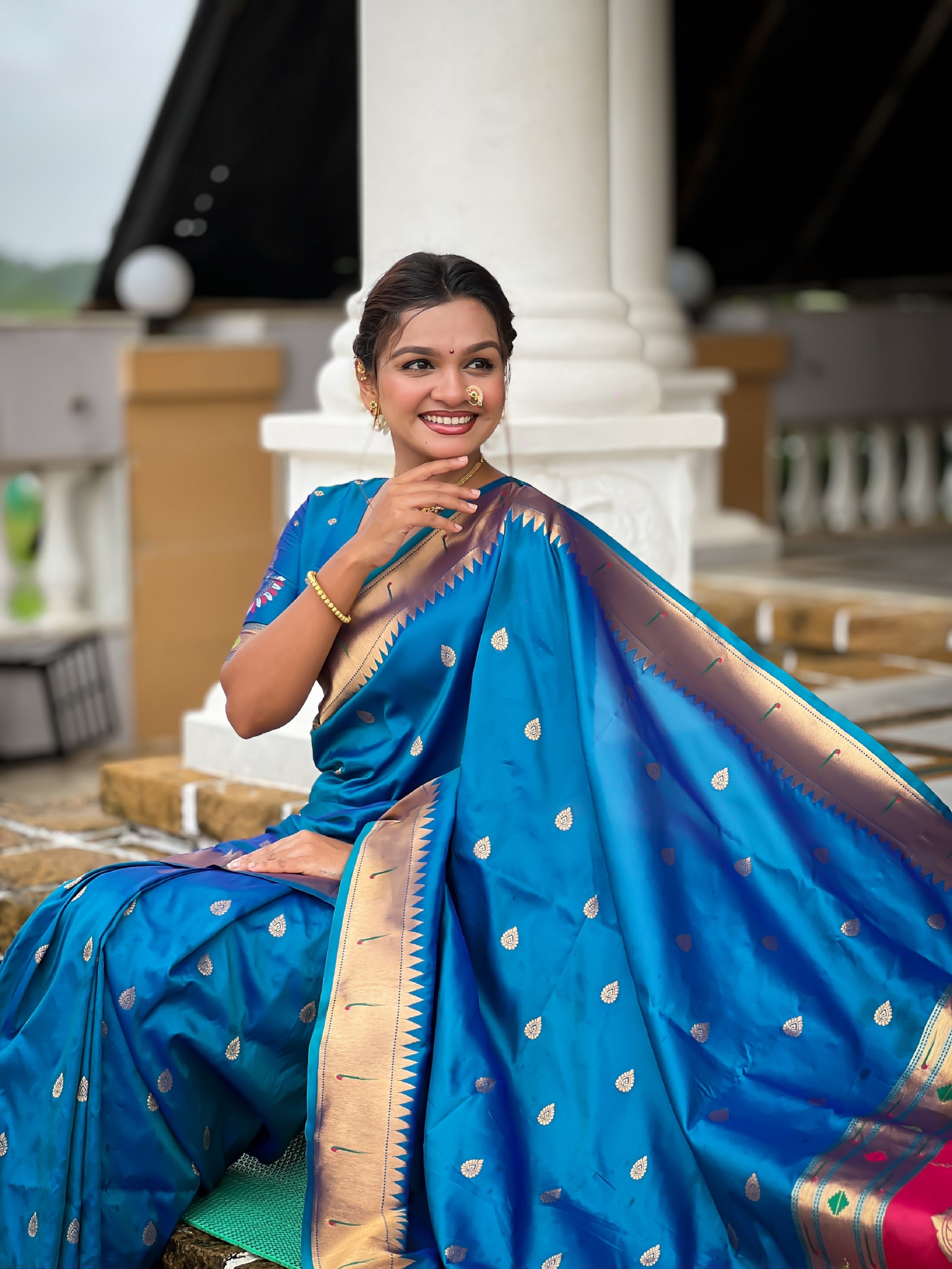 Vedant Vastram Soft Litchi Silk Paithani Jacquard Saree - Firozi | Grocsy