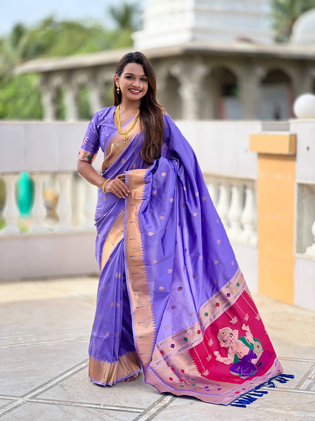 Vedant Vastram Soft Litchi Silk Paithani Jacquard Saree - Lavender | Grocsy