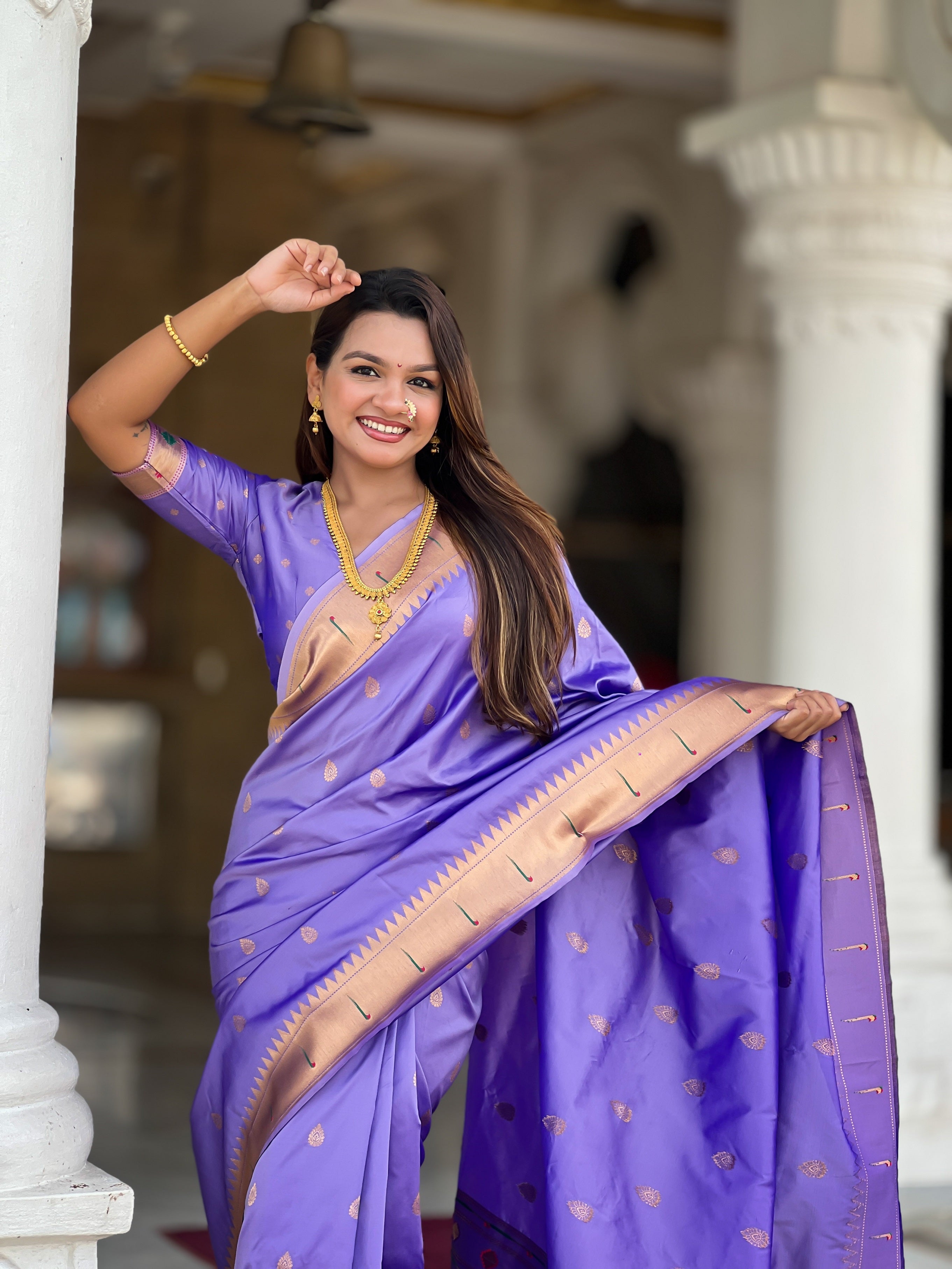 Vedant Vastram Soft Litchi Silk Paithani Jacquard Saree - Lavender | Grocsy
